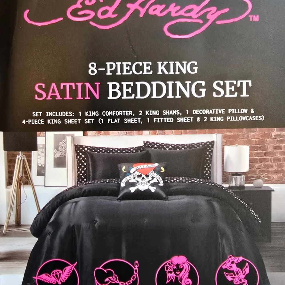 Ed hardy 8piece King Satin Bedding set new